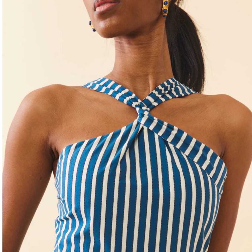 Striped Blue & White Tiered Maxi Dress with Red Trim - Picture 3 of 5